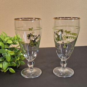 VINTAGE MCM Unique Recipe Leprechaun Irish Coffee Footed Glasses, Set of 2